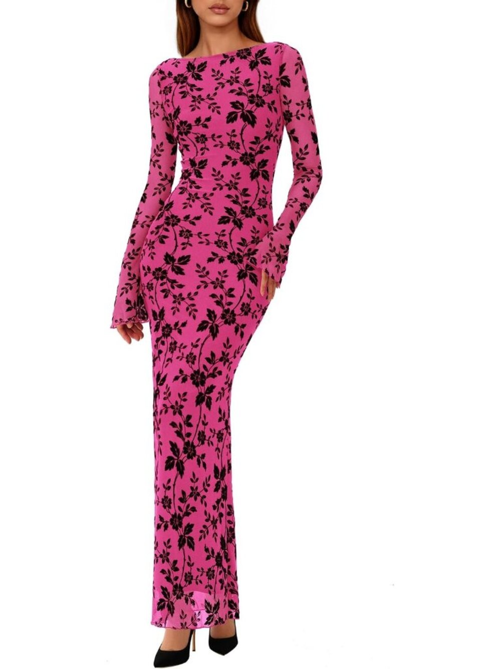 Women's Hot Pink Slim Fitted Boat Neck Long Sleeves Floral Bodycon Maxi Dresses